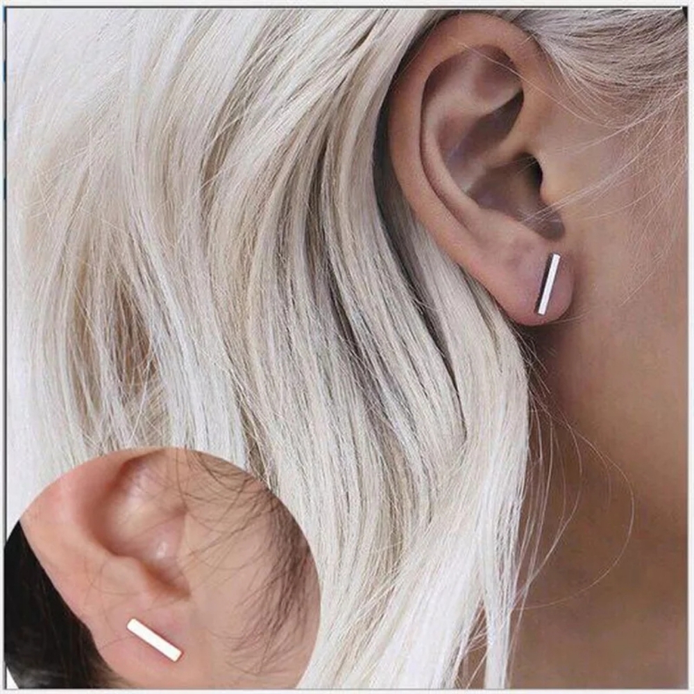 Simple Minimalist Bar Earrings 0.50 inch  Silver - Picture 3 of 3
